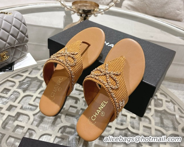 Buy Luxury Chanel Corduroy Flat Slides Sandal with Chain Bow Beige 2025 CH090110