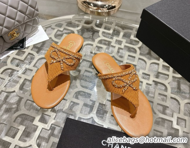 Buy Luxury Chanel Corduroy Flat Slides Sandal with Chain Bow Beige 2025 CH090110