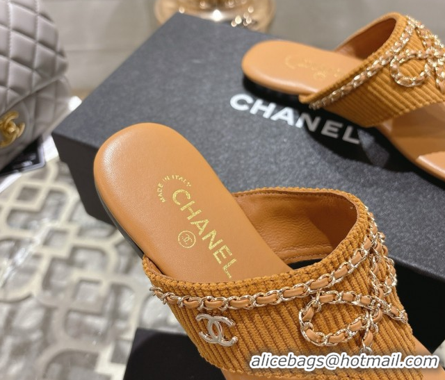 Buy Luxury Chanel Corduroy Flat Slides Sandal with Chain Bow Beige 2025 CH090110