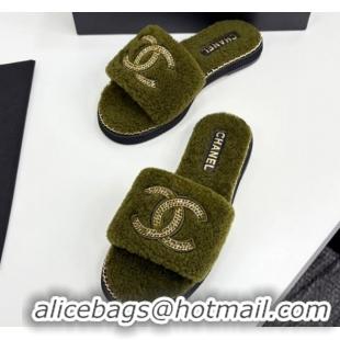 Low Cost Chanel Shearling Flat Slides Sandal with Chain Green 2025 CH090111