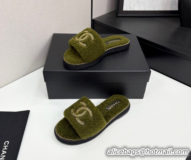 Low Cost Chanel Shearling Flat Slides Sandal with Chain Green 2025 CH090111
