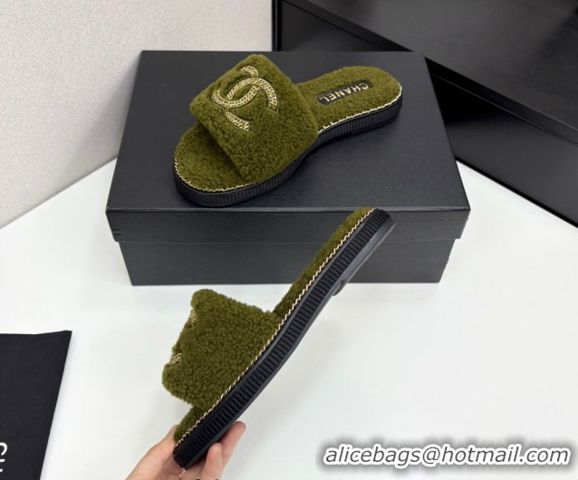 Low Cost Chanel Shearling Flat Slides Sandal with Chain Green 2025 CH090111