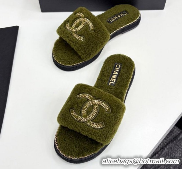 Low Cost Chanel Shearling Flat Slides Sandal with Chain Green 2025 CH090111
