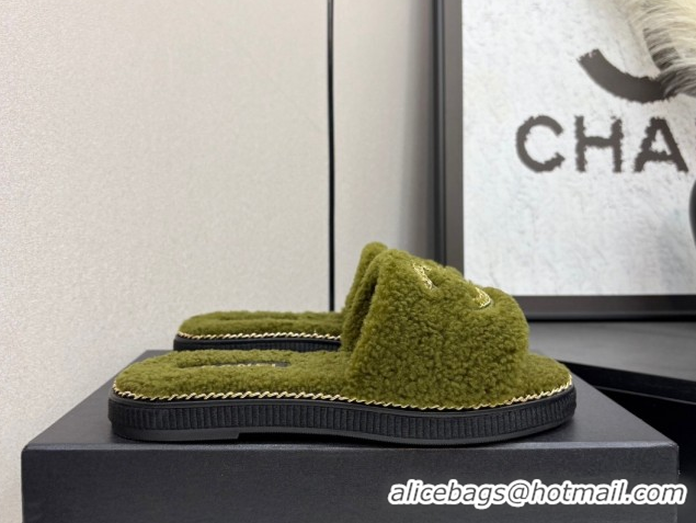 Low Cost Chanel Shearling Flat Slides Sandal with Chain Green 2025 CH090111