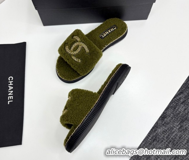 Low Cost Chanel Shearling Flat Slides Sandal with Chain Green 2025 CH090111