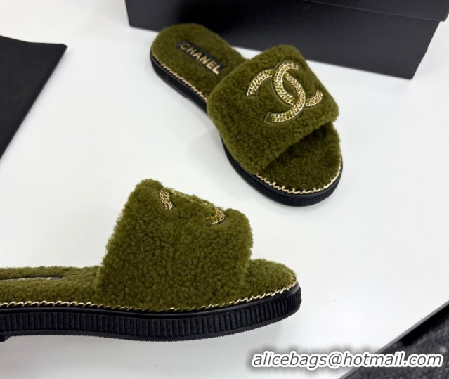 Low Cost Chanel Shearling Flat Slides Sandal with Chain Green 2025 CH090111