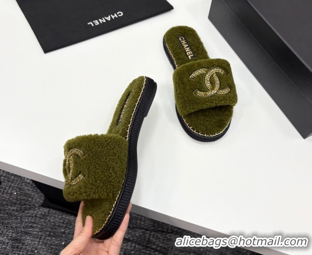 Low Cost Chanel Shearling Flat Slides Sandal with Chain Green 2025 CH090111