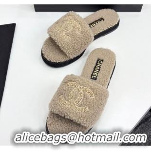 Top Grade Chanel Shearling Flat Slides Sandal with Chain Beige 2025 CH09011