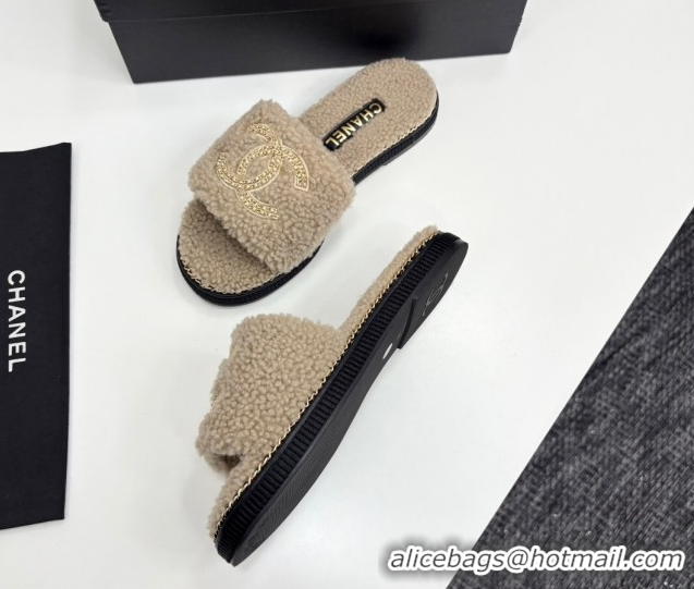 Top Grade Chanel Shearling Flat Slides Sandal with Chain Beige 2025 CH09011