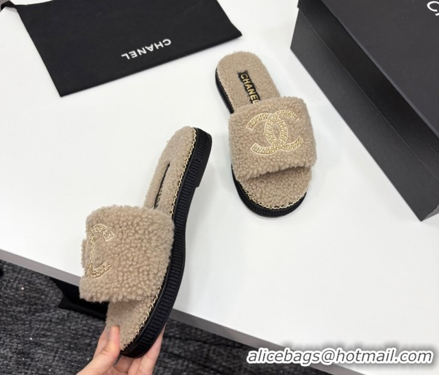 Top Grade Chanel Shearling Flat Slides Sandal with Chain Beige 2025 CH09011