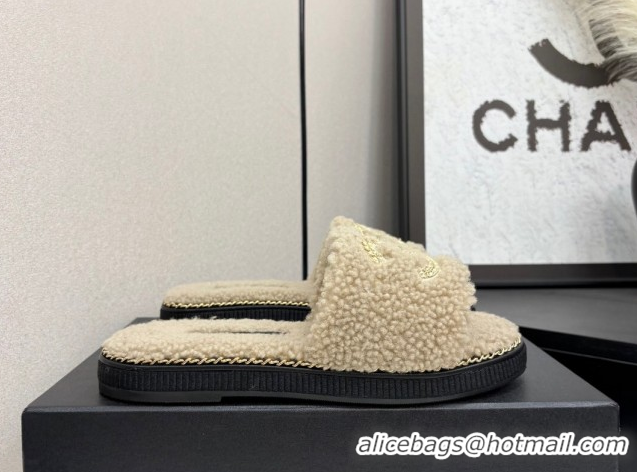Top Grade Chanel Shearling Flat Slides Sandal with Chain Beige 2025 CH09011