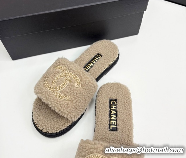 Top Grade Chanel Shearling Flat Slides Sandal with Chain Beige 2025 CH09011