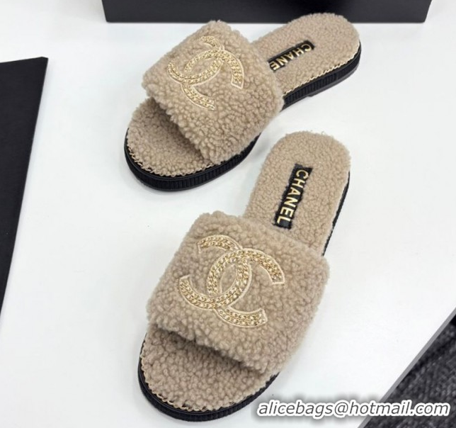 Top Grade Chanel Shearling Flat Slides Sandal with Chain Beige 2025 CH09011