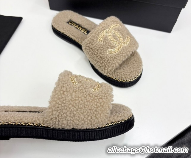 Top Grade Chanel Shearling Flat Slides Sandal with Chain Beige 2025 CH09011