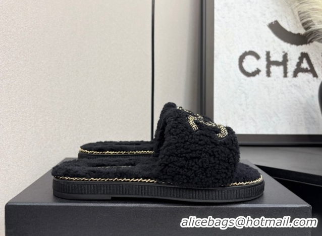 Luxurious Chanel Shearling Flat Slides Sandal with Chain Black 2025 CH090111