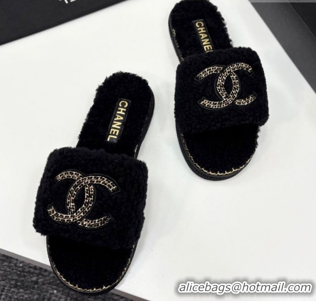 Luxurious Chanel Shearling Flat Slides Sandal with Chain Black 2025 CH090111