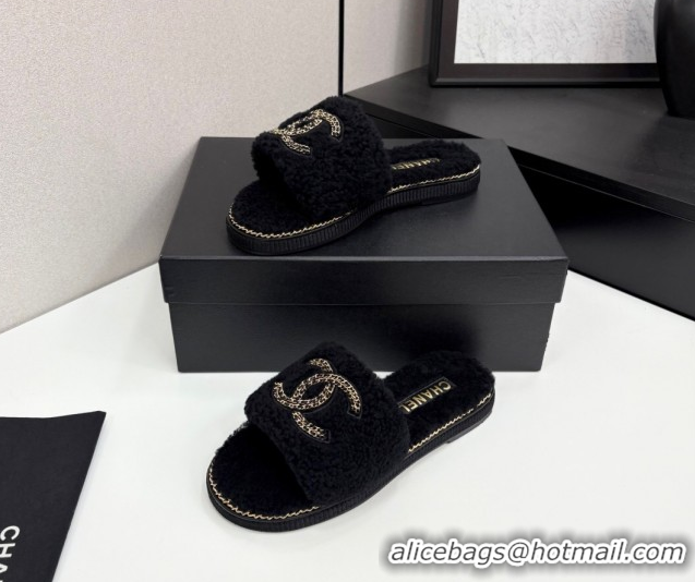 Luxurious Chanel Shearling Flat Slides Sandal with Chain Black 2025 CH090111