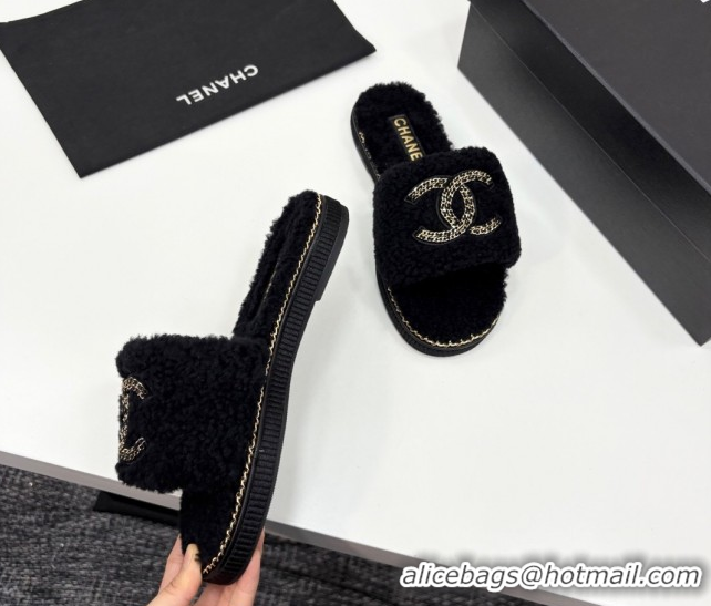 Luxurious Chanel Shearling Flat Slides Sandal with Chain Black 2025 CH090111