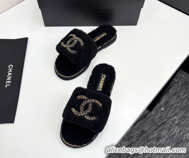 Luxurious Chanel Shearling Flat Slides Sandal with Chain Black 2025 CH090111