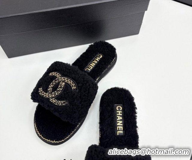 Luxurious Chanel Shearling Flat Slides Sandal with Chain Black 2025 CH090111