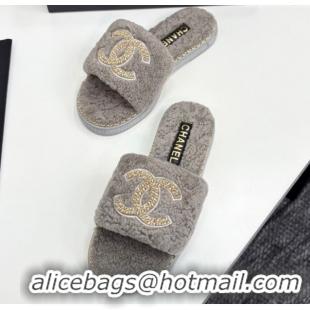 Unique Discount Chanel Shearling Flat Slides Sandal with Chain Grey 2025 CH090111