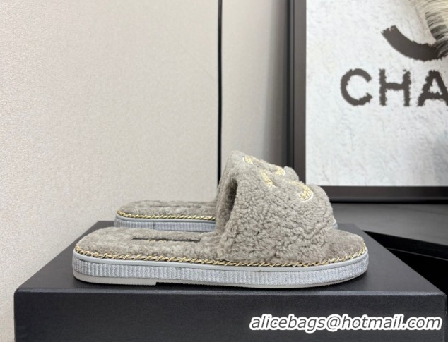Unique Discount Chanel Shearling Flat Slides Sandal with Chain Grey 2025 CH090111