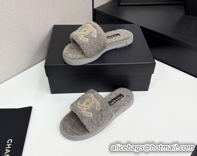 Unique Discount Chanel Shearling Flat Slides Sandal with Chain Grey 2025 CH090111