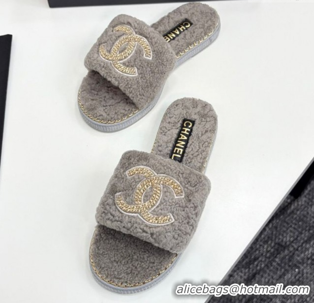 Unique Discount Chanel Shearling Flat Slides Sandal with Chain Grey 2025 CH090111