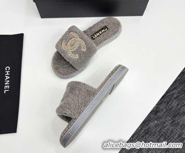 Unique Discount Chanel Shearling Flat Slides Sandal with Chain Grey 2025 CH090111