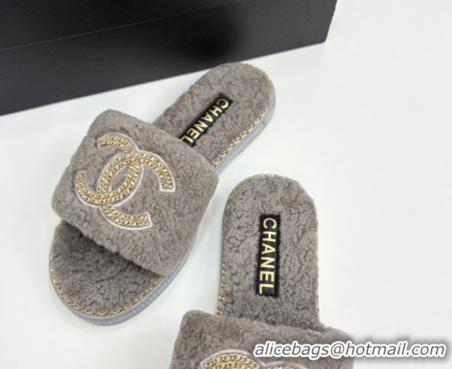 Unique Discount Chanel Shearling Flat Slides Sandal with Chain Grey 2025 CH090111