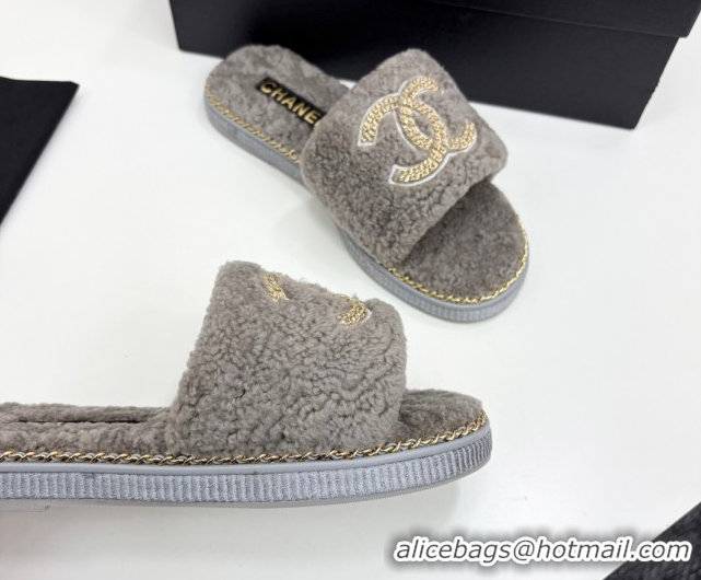 Unique Discount Chanel Shearling Flat Slides Sandal with Chain Grey 2025 CH090111