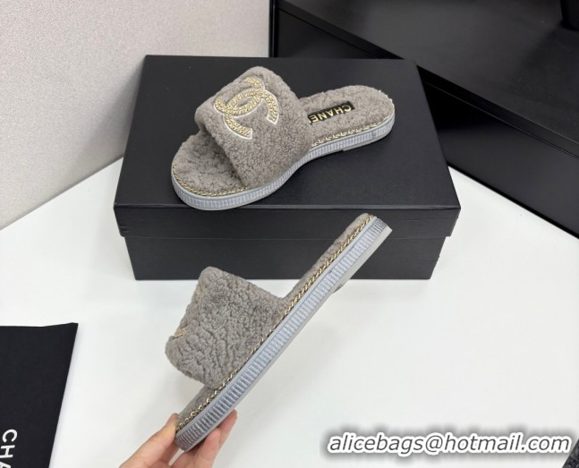 Unique Discount Chanel Shearling Flat Slides Sandal with Chain Grey 2025 CH090111
