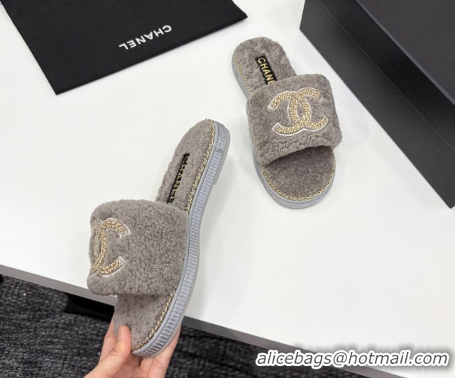 Unique Discount Chanel Shearling Flat Slides Sandal with Chain Grey 2025 CH090111