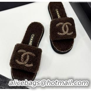 Cheap Chanel Shearling Flat Slides Sandal with Chain Brown 2025 CH090111