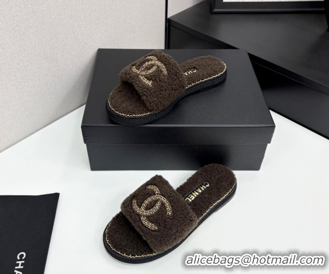 Cheap Chanel Shearling Flat Slides Sandal with Chain Brown 2025 CH090111