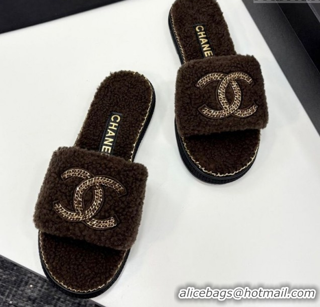 Cheap Chanel Shearling Flat Slides Sandal with Chain Brown 2025 CH090111