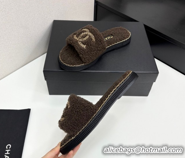 Cheap Chanel Shearling Flat Slides Sandal with Chain Brown 2025 CH090111