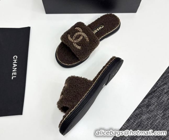 Cheap Chanel Shearling Flat Slides Sandal with Chain Brown 2025 CH090111