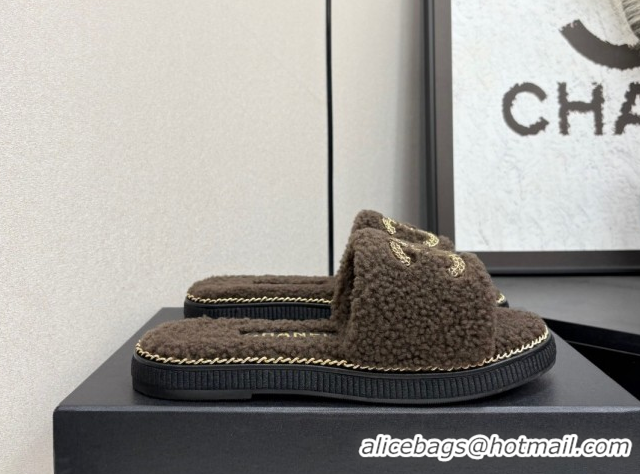 Cheap Chanel Shearling Flat Slides Sandal with Chain Brown 2025 CH090111