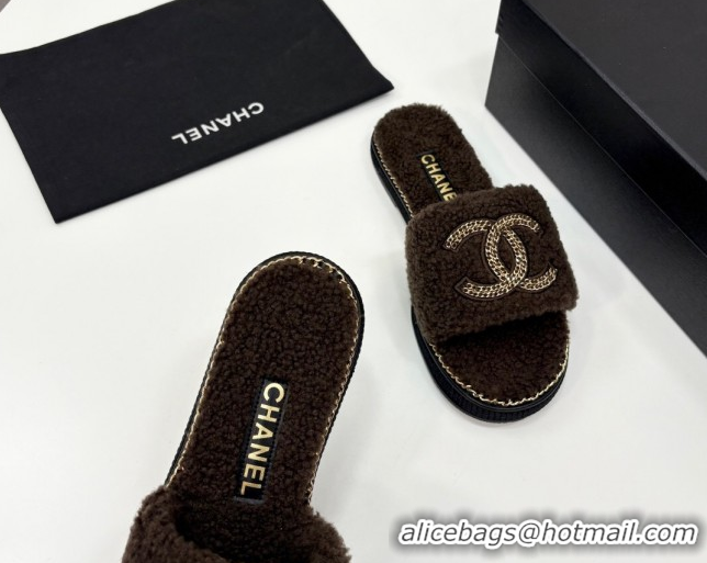 Cheap Chanel Shearling Flat Slides Sandal with Chain Brown 2025 CH090111