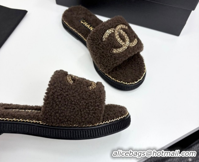 Cheap Chanel Shearling Flat Slides Sandal with Chain Brown 2025 CH090111