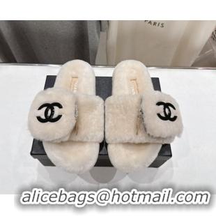 Most Popular Chanel Wool Flat Slides Sandal with Zip Pouch Light Grey 2025 CH090112