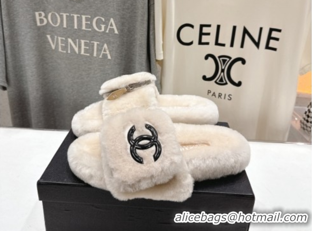 Most Popular Chanel Wool Flat Slides Sandal with Zip Pouch Light Grey 2025 CH090112