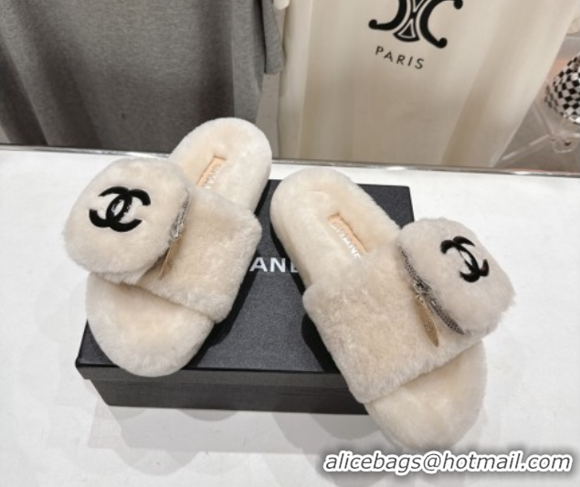 Most Popular Chanel Wool Flat Slides Sandal with Zip Pouch Light Grey 2025 CH090112