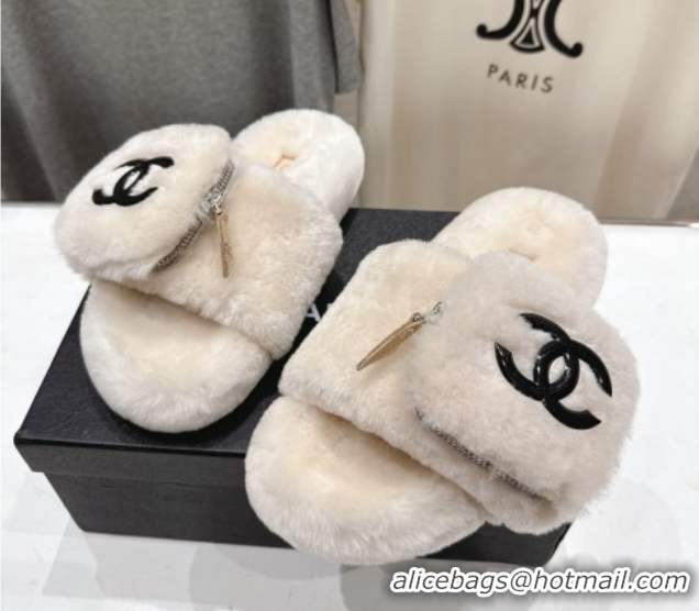 Most Popular Chanel Wool Flat Slides Sandal with Zip Pouch Light Grey 2025 CH090112
