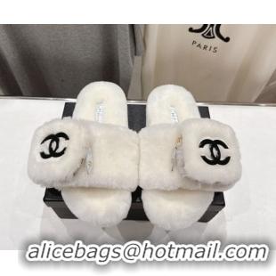 Famous Chanel Wool Flat Slides Sandal with Zip Pouch White 2025 CH090112