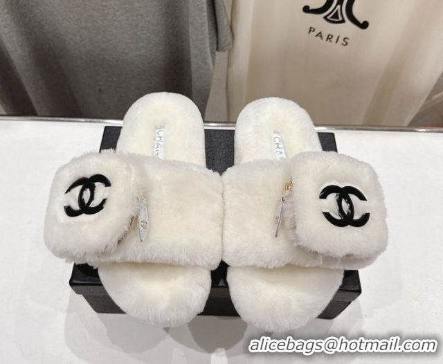 Famous Chanel Wool Flat Slides Sandal with Zip Pouch White 2025 CH090112