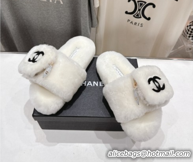 Famous Chanel Wool Flat Slides Sandal with Zip Pouch White 2025 CH090112
