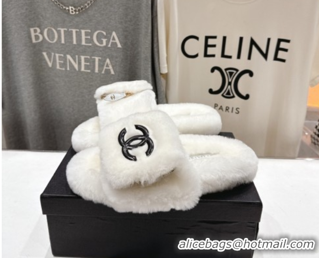 Famous Chanel Wool Flat Slides Sandal with Zip Pouch White 2025 CH090112