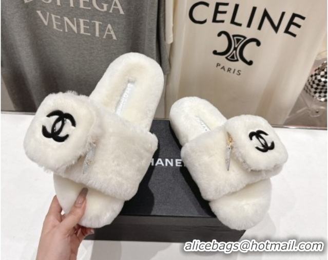 Famous Chanel Wool Flat Slides Sandal with Zip Pouch White 2025 CH090112